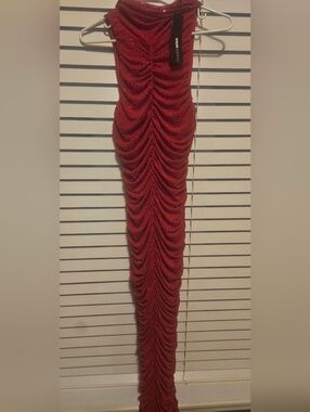 Fashion Nova Red Ruched Maxi Dress with Sparkle